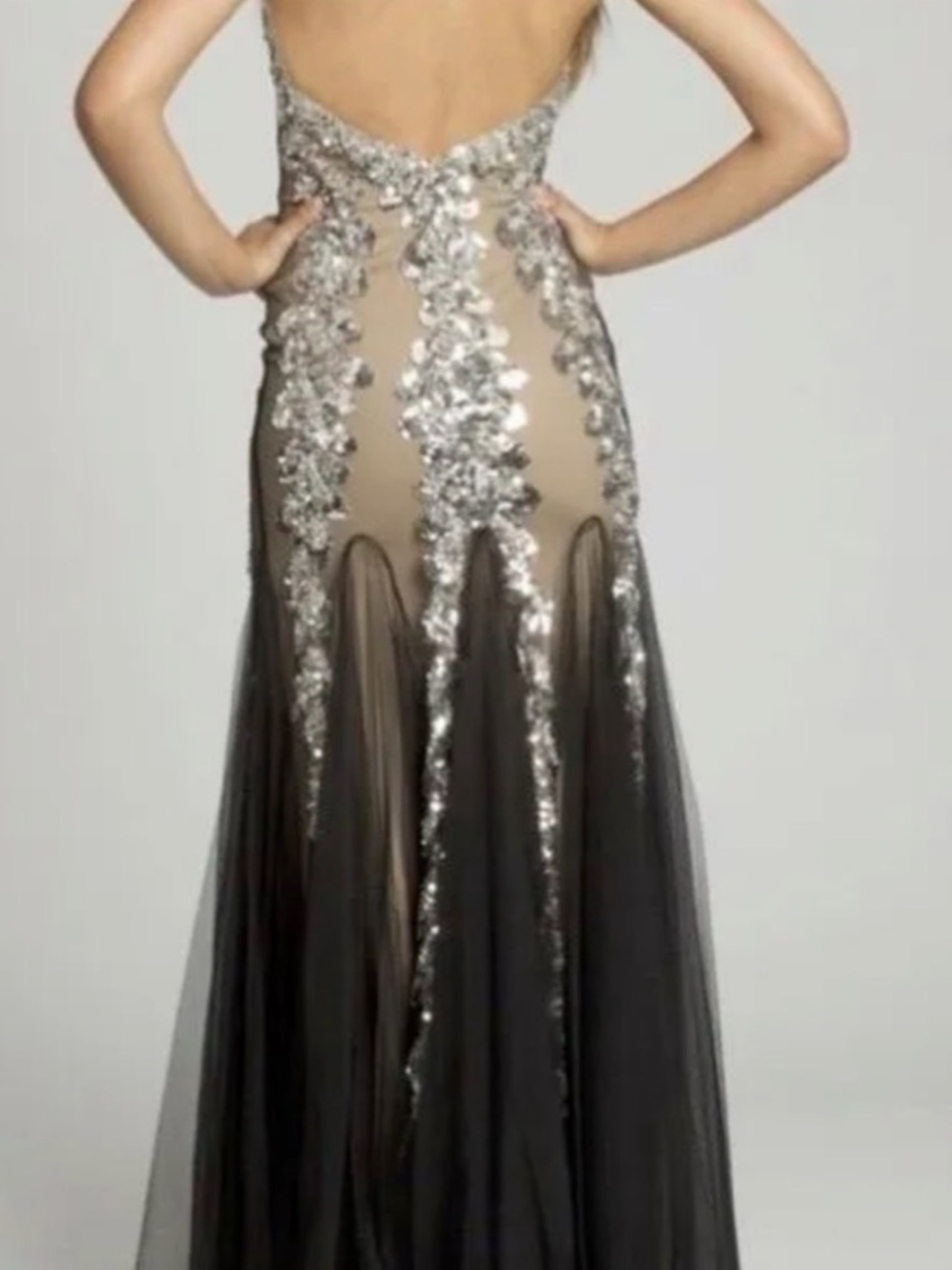 JVN by Jovani Black and Nude Sequin Appliqué Mermaid Gown - Picture 6 of 6